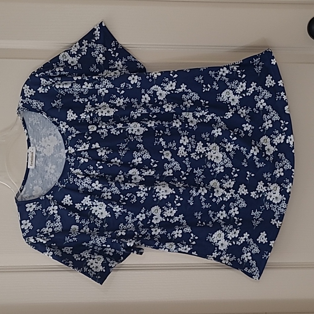 FANTASLOOK Floral Blue Women's Short Sleeve Top Size L